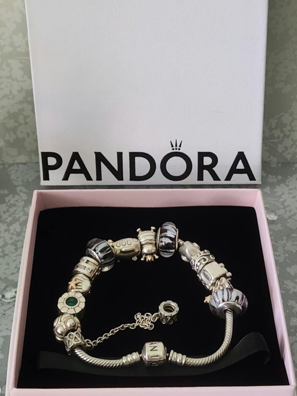 Authentic Pandora 8" Silver Charm Bracelet Rare Two-Tone 14K Gold Retired Charms